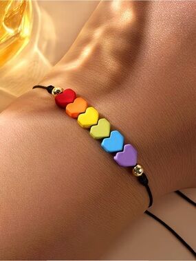 💚💜💙💛♥️Rainbow Heart Bead Bracelet - Colorful Heart Charm Cord Bracelet